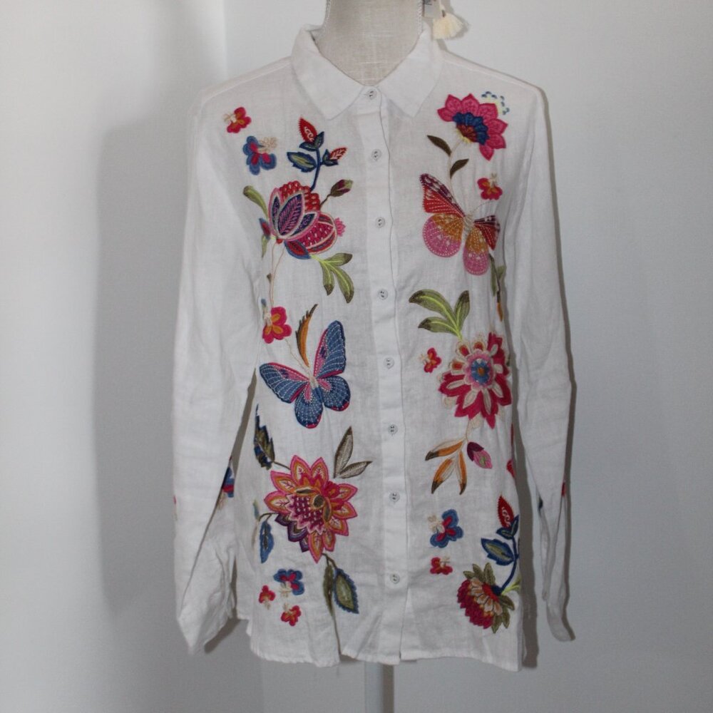 Johnny Was White Floral Embroidered Button Down Shirt